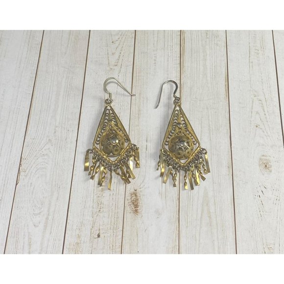 Vintage Victorian Filigree Dangle Earrings Vermeil Tone 925 Hooks - Picture 3 of 7